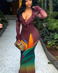 Chic V-Neck Color Block Bodycon Maxi Dress