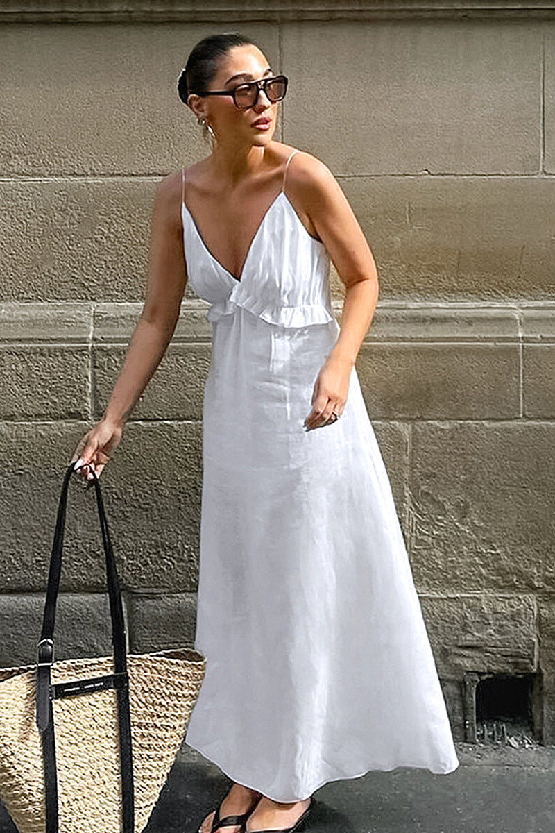 Elegant White Deep V-Neck Dress for Women