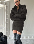 Chic Brown Collar Long Sleeve Shirt and Skirt Set