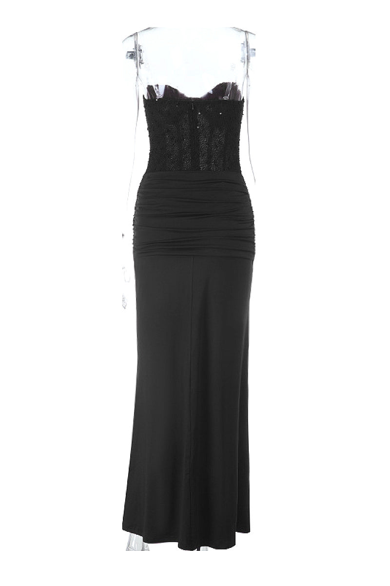 Elegant Strapless Long Dress with Waist Tie