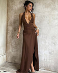Deep V Neck Ruffle Hem A-Line Dress
