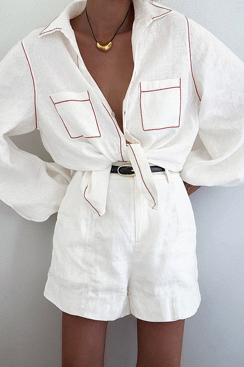 Color Block Cotton Long Sleeve Top and Shorts Set