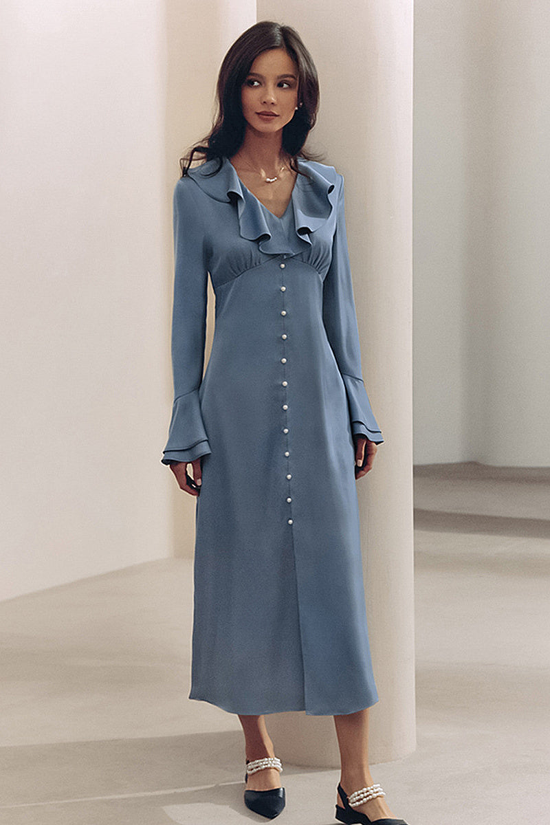 Spring French Blue Satin Dress with Ruffles