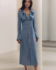 Spring French Blue Satin Dress with Ruffles