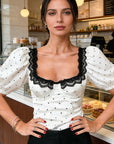 Vintage Elegant Square Neck Lace Puff Sleeve Top