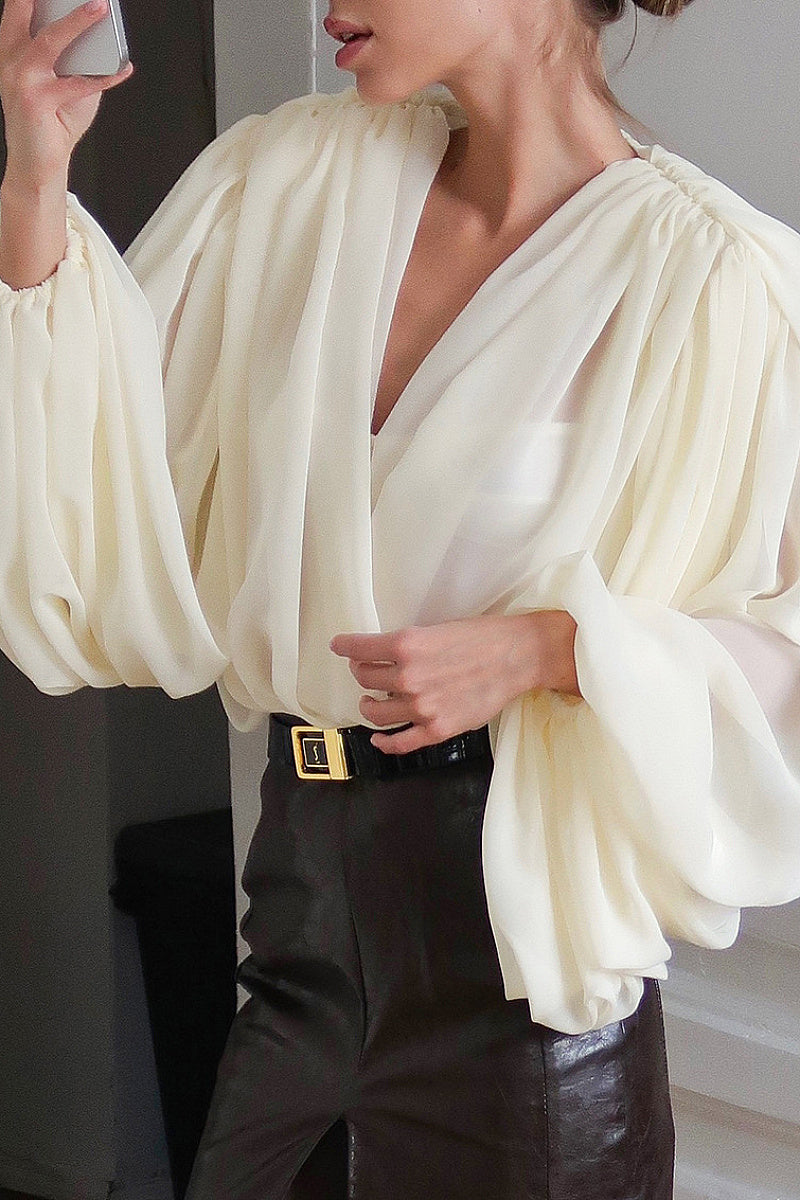 Loose Fit V-Neck Puff Sleeve Women's Shirt