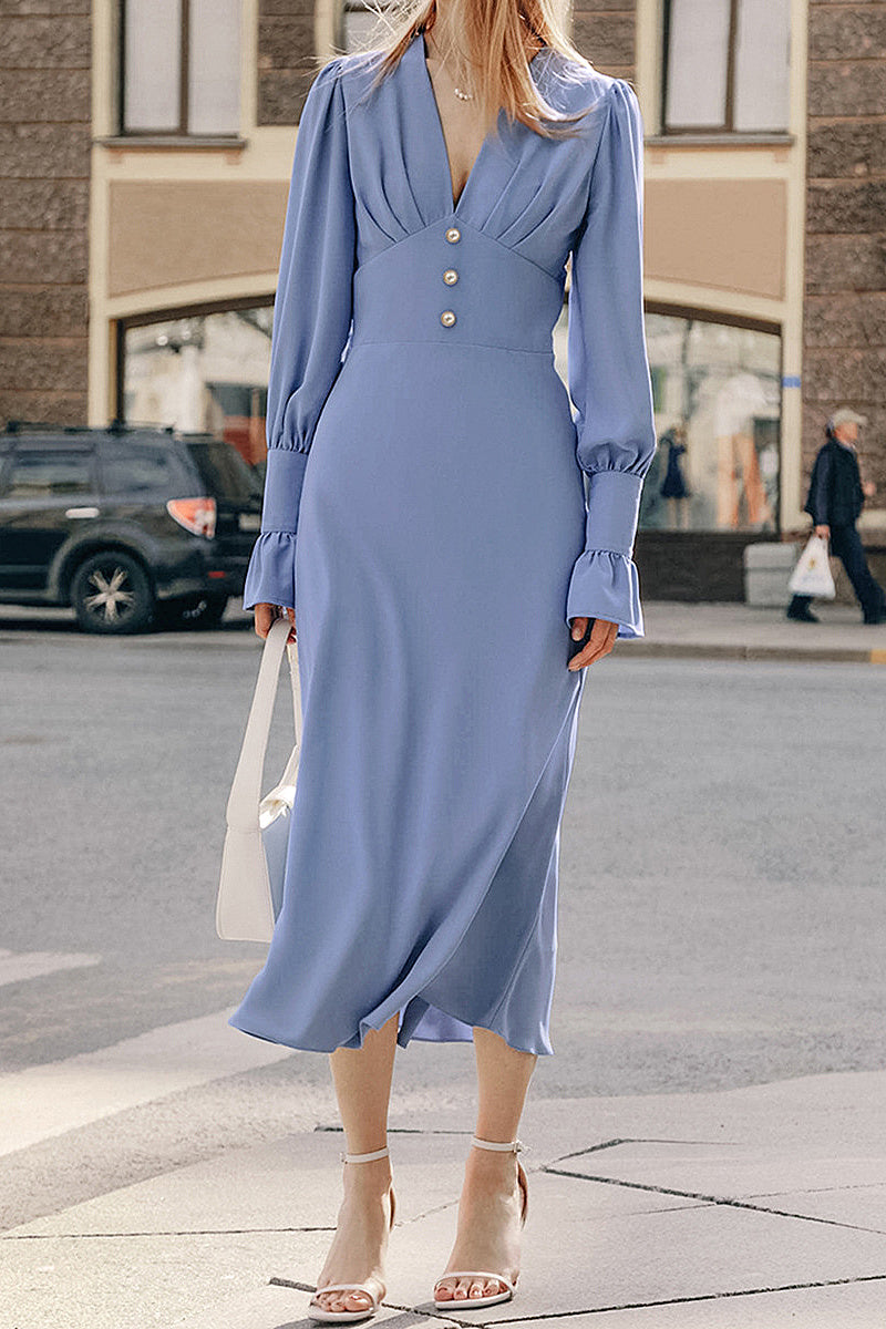 French Lantern Sleeve V-Neck Dress for Women