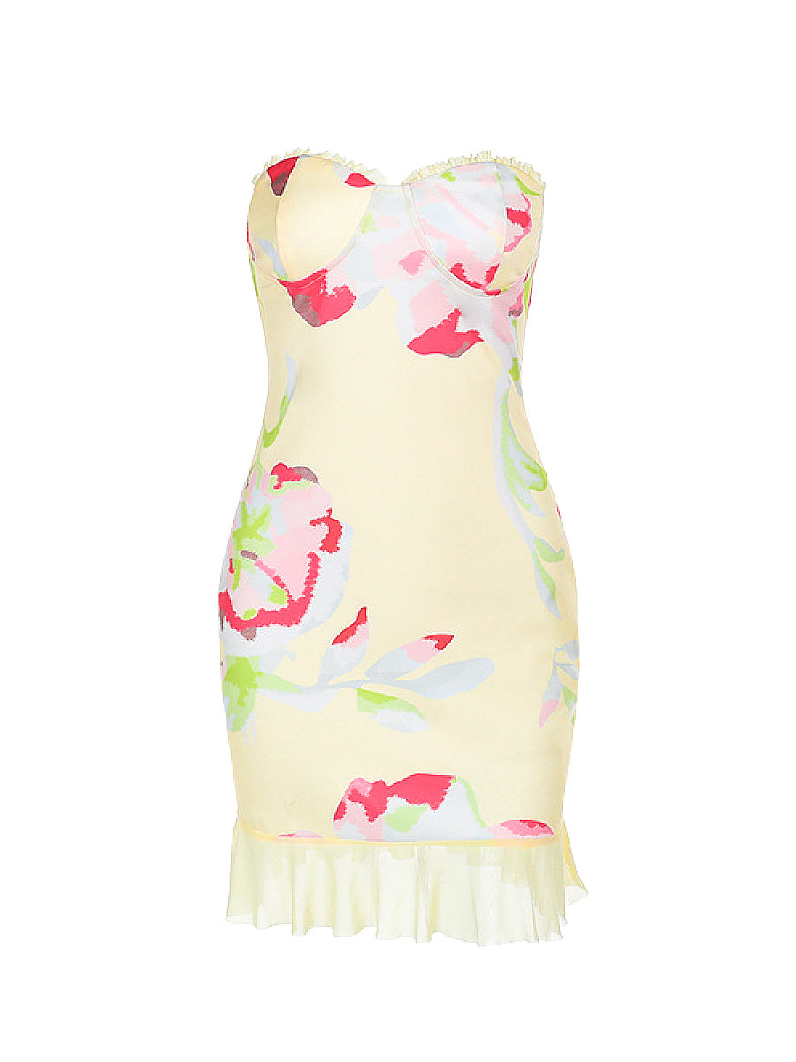 Spring Floral Print Strapless Bodycon Dress