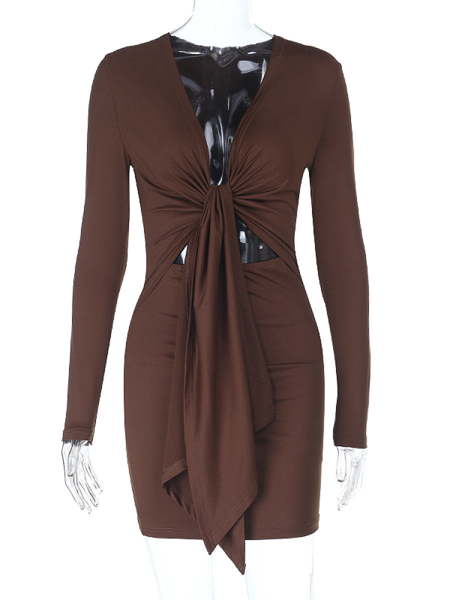 Knit Sexy Deep V Neck Long Sleeve Bodycon Dress