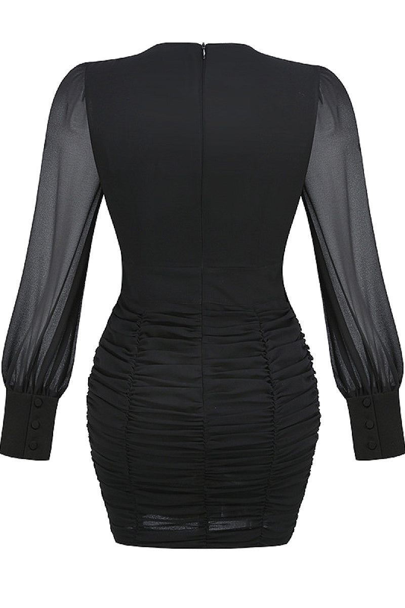 Elegant Black Chiffon Deep V Long Sleeve Dress