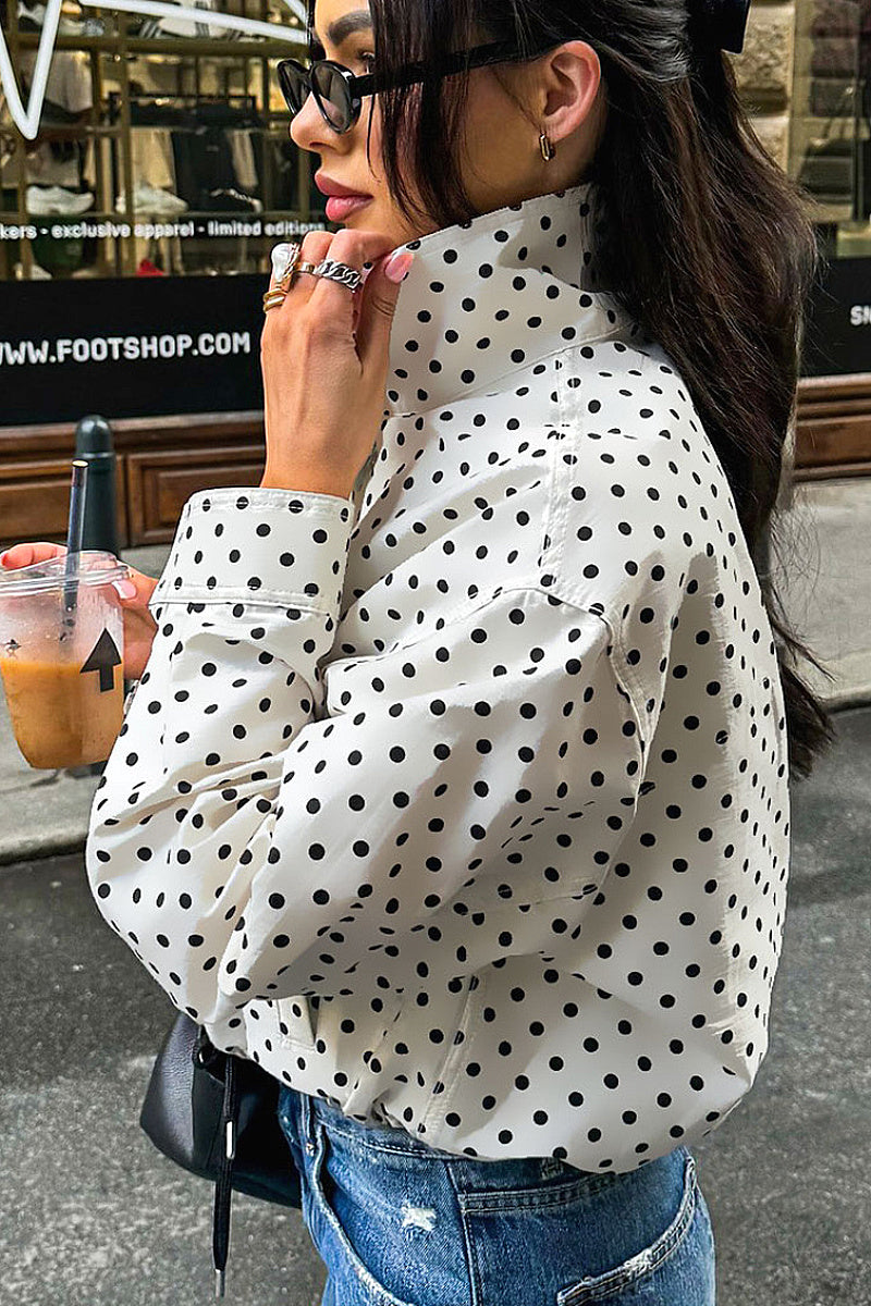 Chic White Polka Dot Stand Collar Jacket for Women