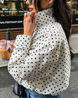 Chic White Polka Dot Stand Collar Jacket for Women