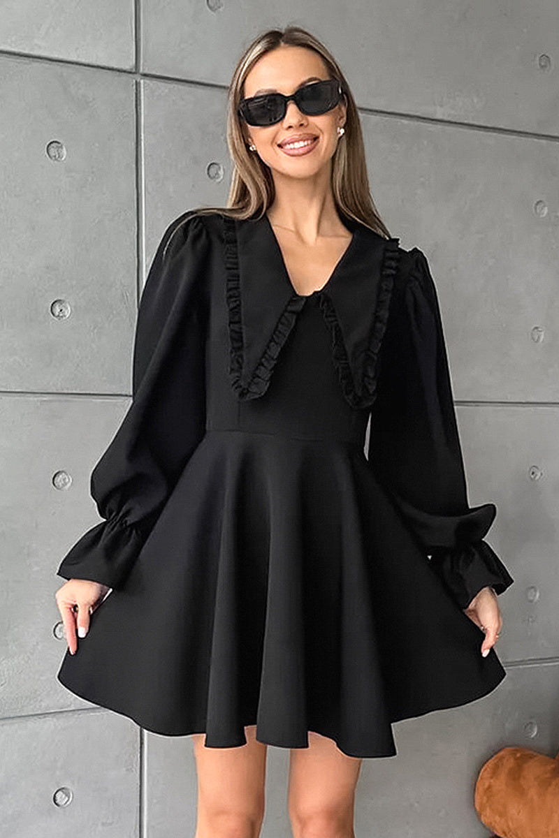 Fashionable Black Doll Collar Dress with Flare Sleeves