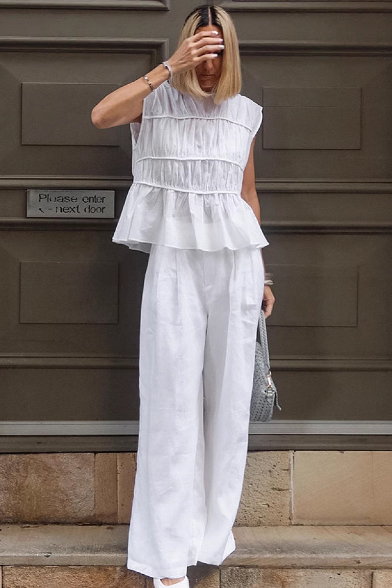 Elegant White Cotton Linen Two-Piece Set