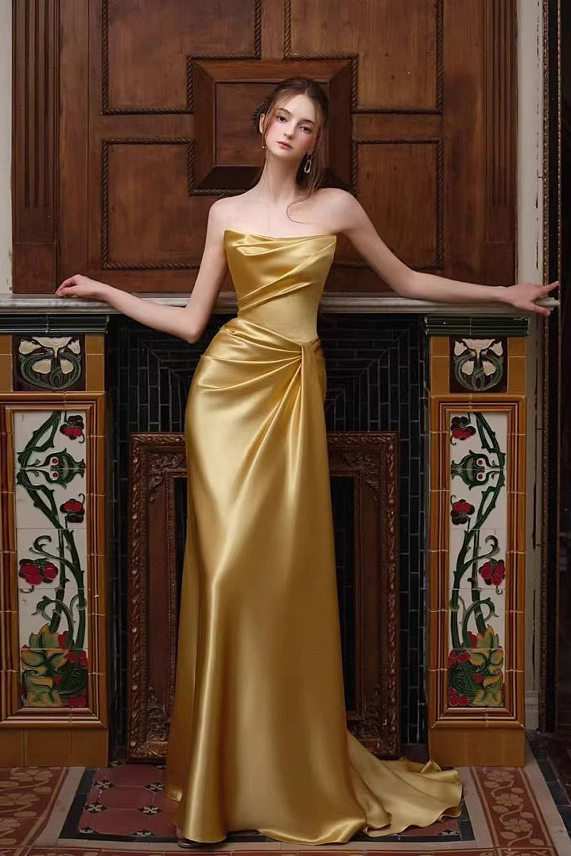 Elegant Gold Strapless Evening Gown for Women
