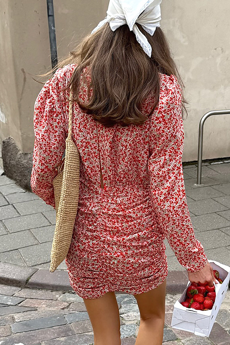 French Vintage Floral Deep V Long Sleeve Dress