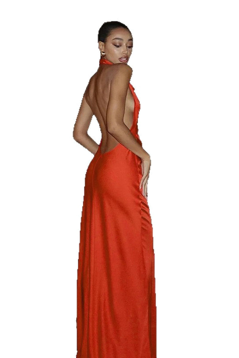 Backless Satin Halter Dress for Women