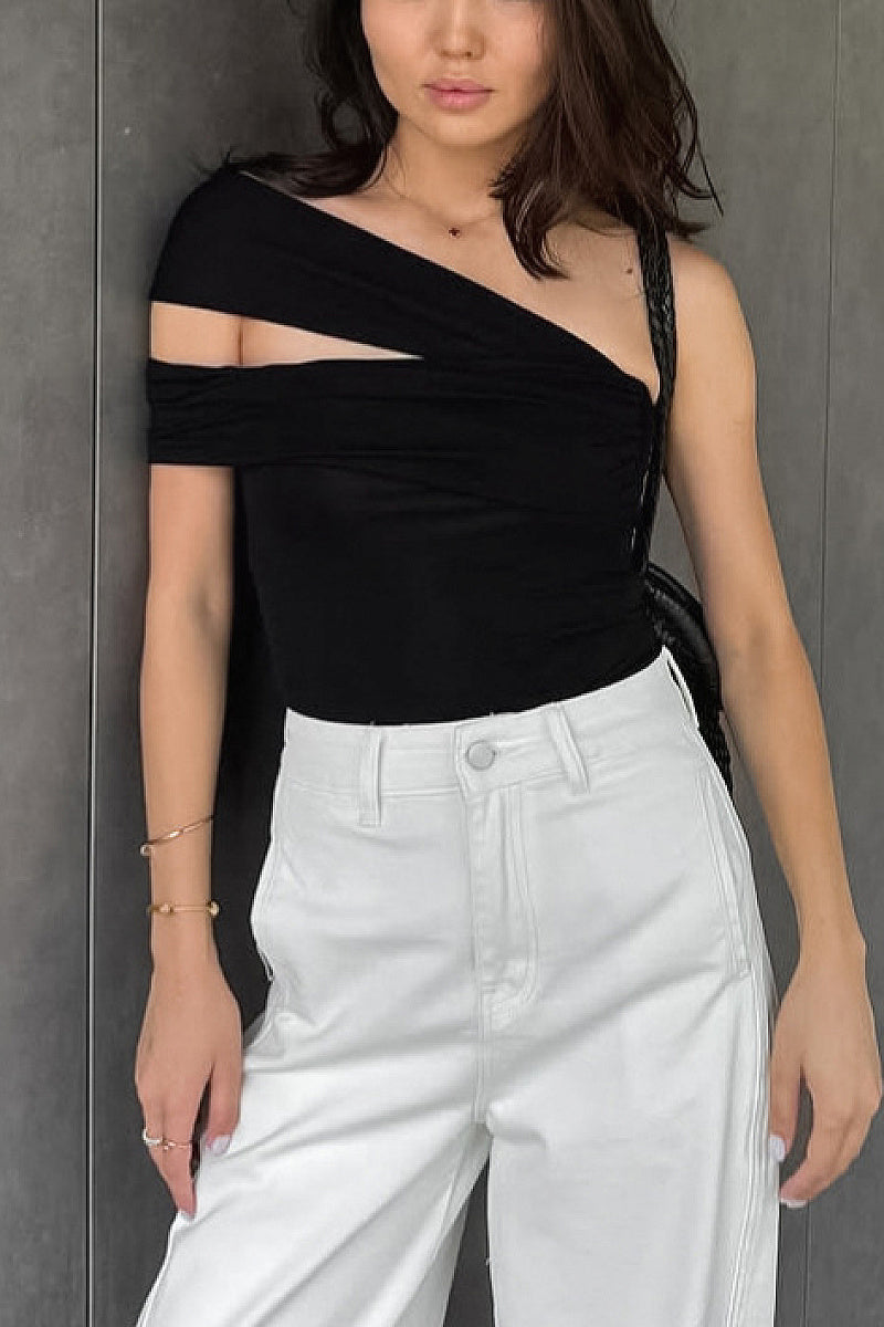 Stylish Asymmetrical Shoulder Knit T-Shirt for Women