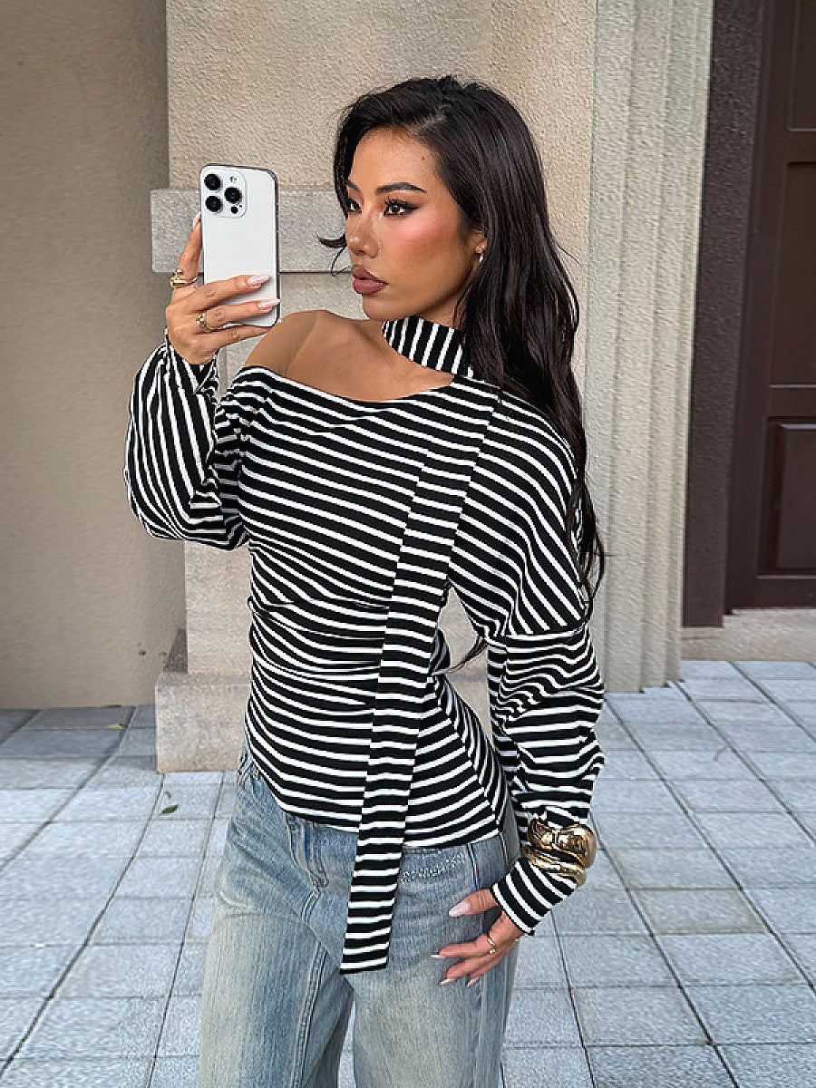 Fashion Striped Asymmetrical Long Sleeve T-Shirt