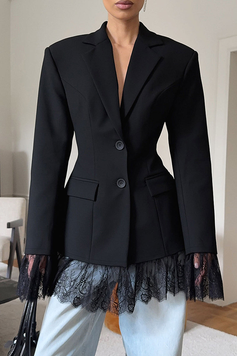 Elegant Waist-Defined Lace Blended Blazer