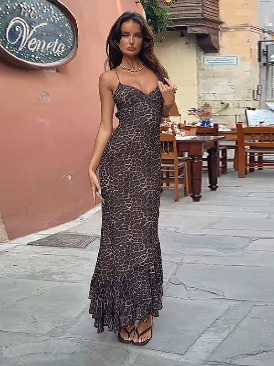 Summer Sexy Backless Leopard Print Ruffle Dress