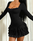 Mini Ruffled Neck Long Sleeve Dress for Women