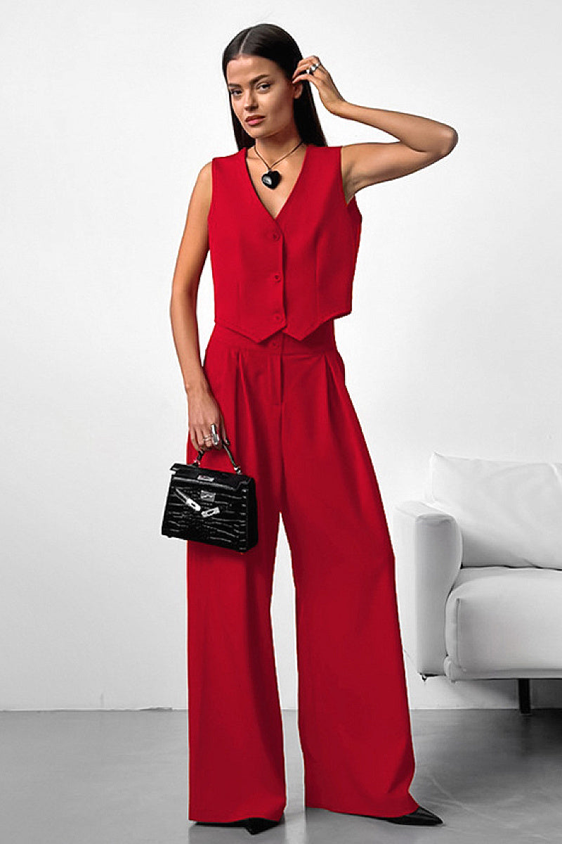 Spring Pink Sleeveless Vest and Wide Leg Pants Set