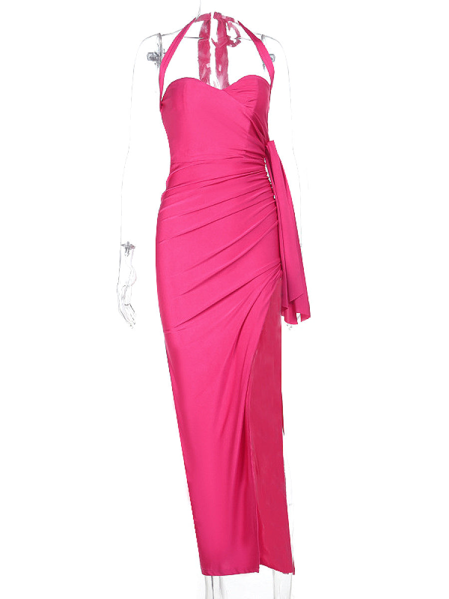 Heart Neck High Split Ruffled Halter Dress