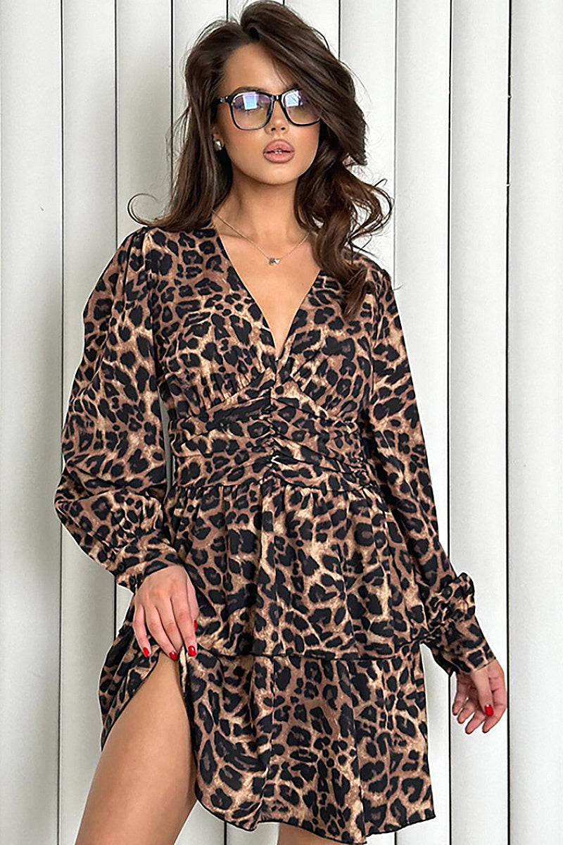European Style Leopard Print Ruffled Dress