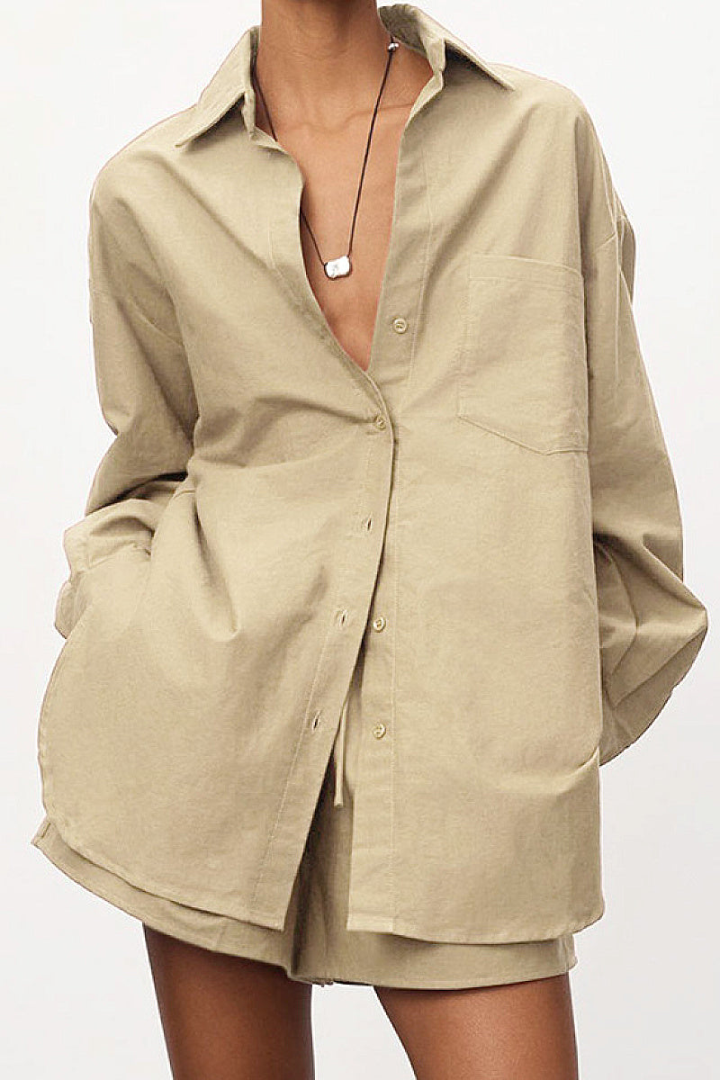 Chic Cotton-Linen Long Sleeve Shirt and Shorts Set