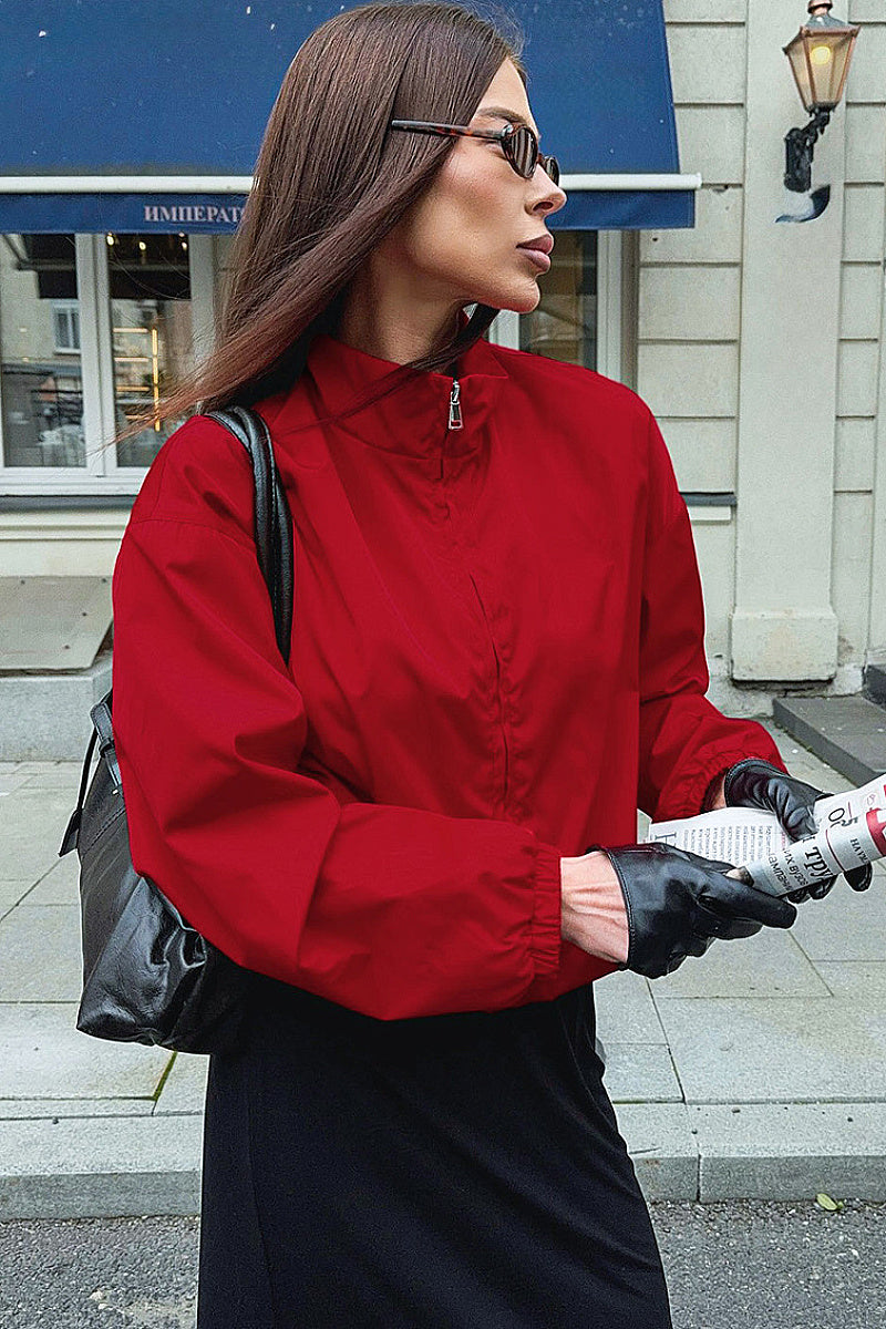 Stylish Red Stand Collar Zipper Windbreaker