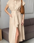 French Style High Waist Blue Cotton Linen Dress