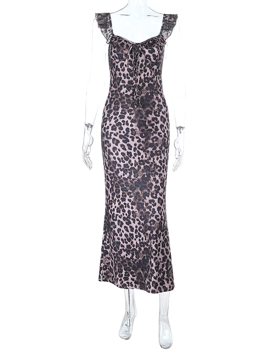 French Style Leopard Print V-Neck Dress