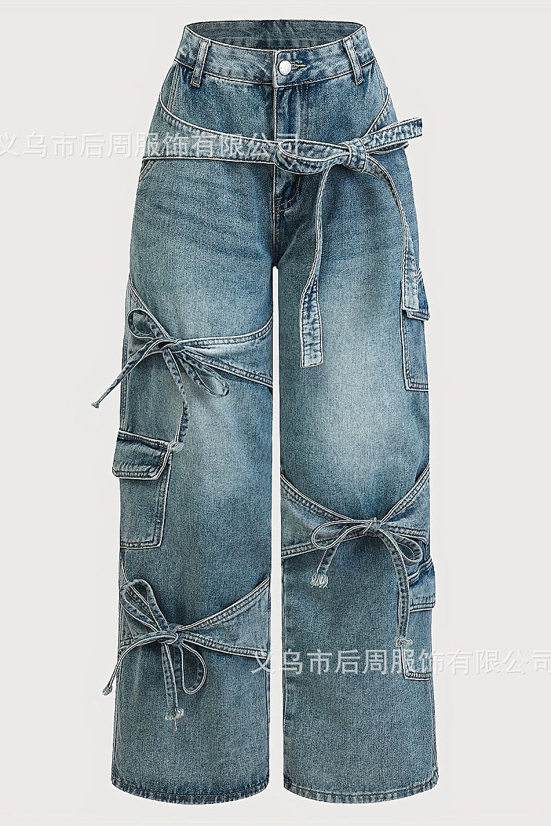 Y2K Style Bow Tie Denim Straight Leg Pants