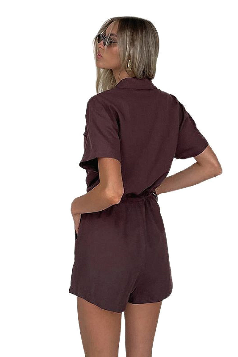 Solid Color Short Sleeve Jumpsuit with Shirt Collar
