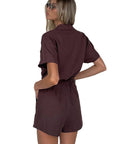 Solid Color Short Sleeve Jumpsuit with Shirt Collar