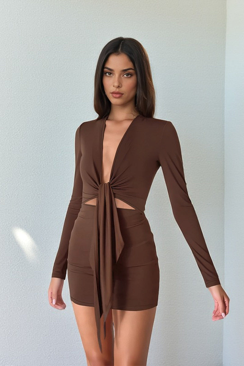 Knit Sexy Deep V Neck Long Sleeve Bodycon Dress
