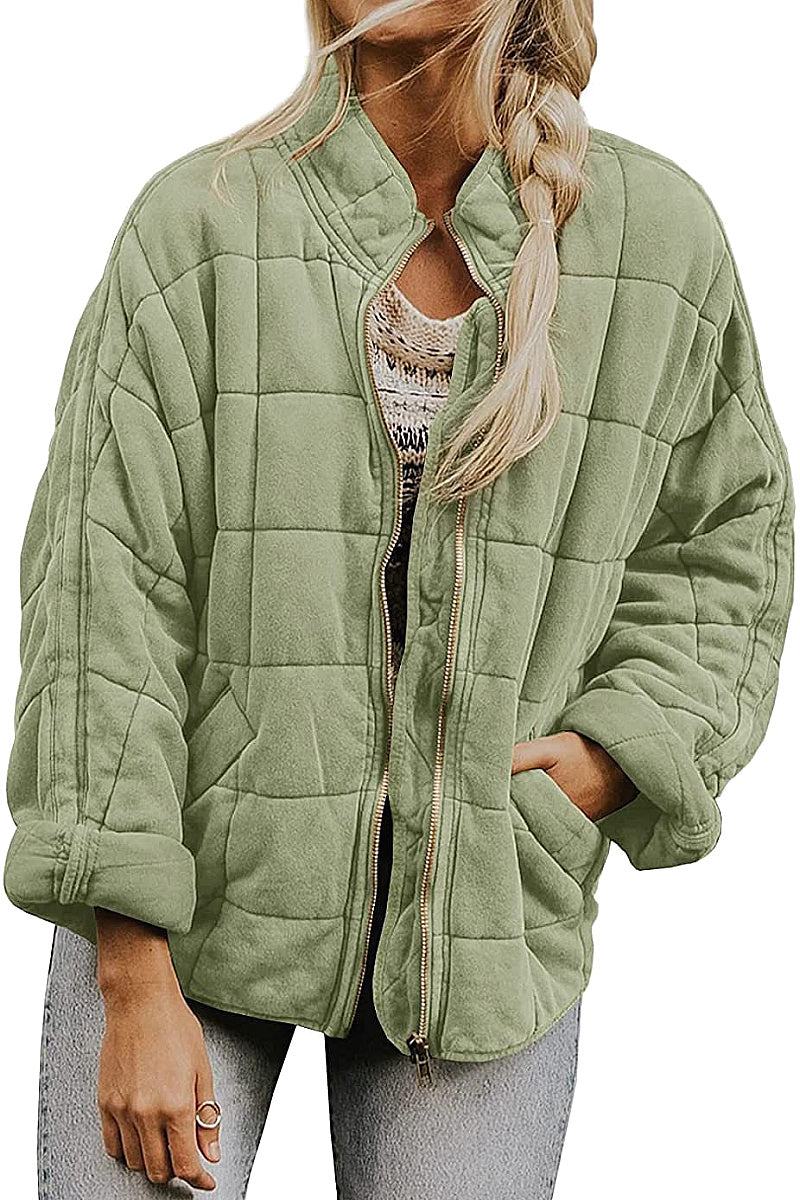 Solid Color Stand Collar Cotton Jacket for Women