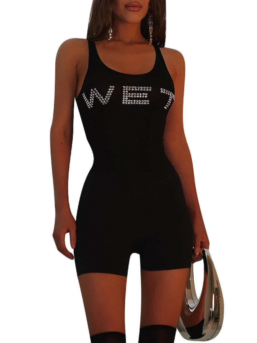 Casual Street Style Sleeveless Top with Rhinestones