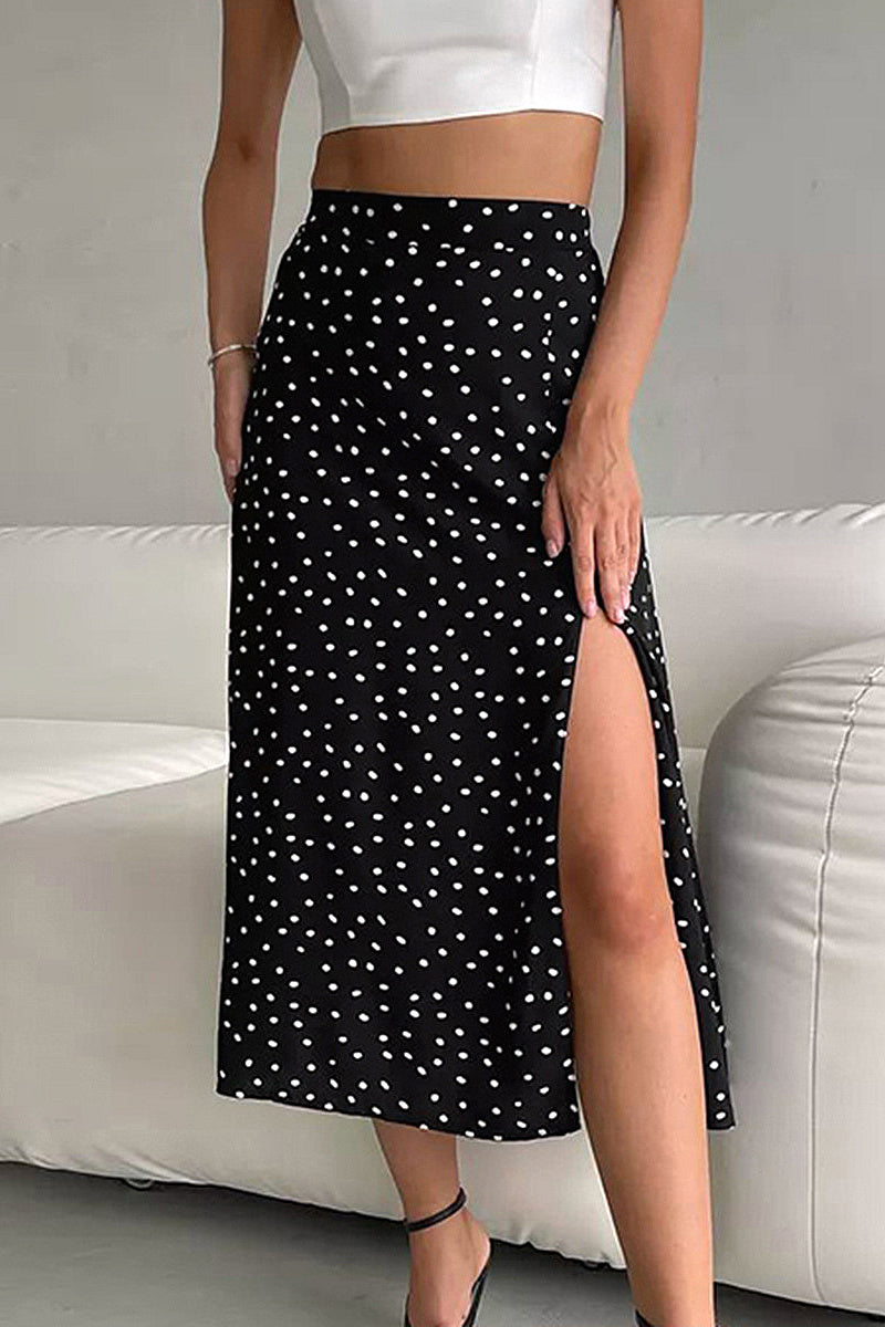 French Vintage Black Polka Dot Midi Skirt