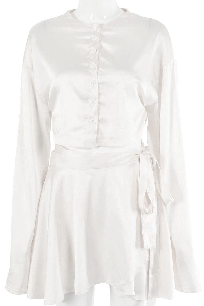 Elegant Satin Long Sleeve Button Cardigan Set