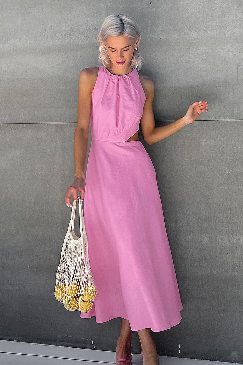 French Style Hollow Waist Cotton Linen Dress