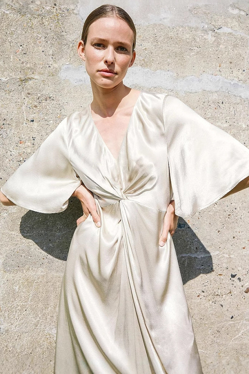 French Style Knot V-Neck Midi A-Line Dress