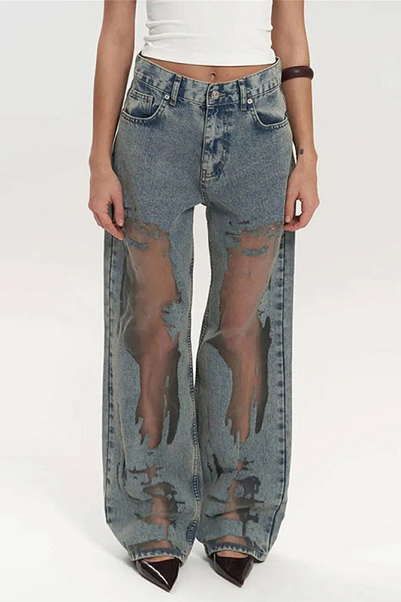 Y2K Vintage Straight Leg Jeans with Hollow Design