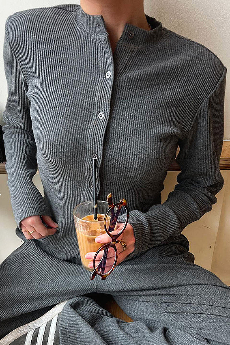 Stylish Solid Color Button Top and Long Pants Set