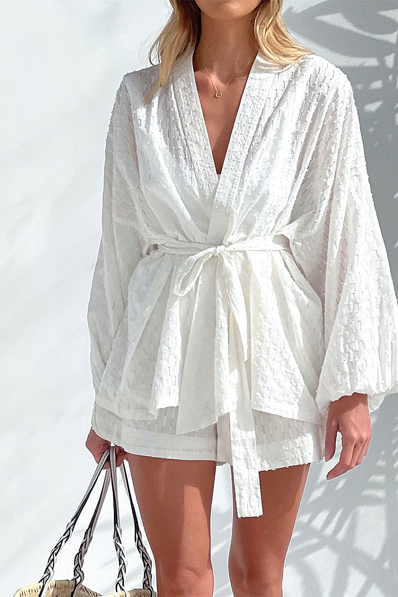 Fashionable V-Neck Puff Sleeve Two-Piece Set