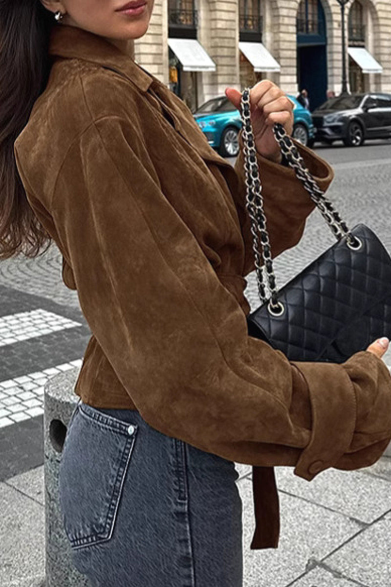 Suede Waist Tie Coat for Women