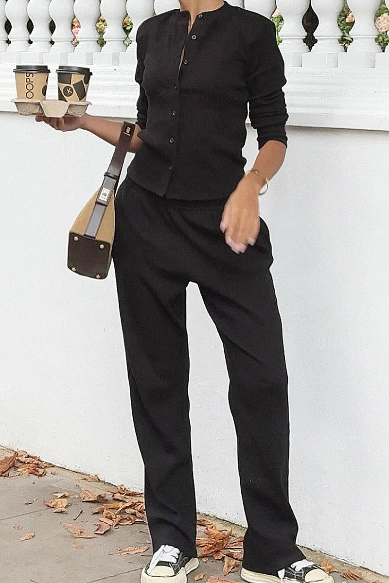 Stylish Solid Color Button Top and Long Pants Set