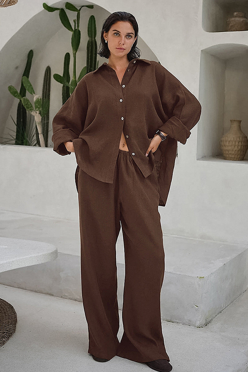 Casual Cotton Linen Khaki Shirt and Pants Set