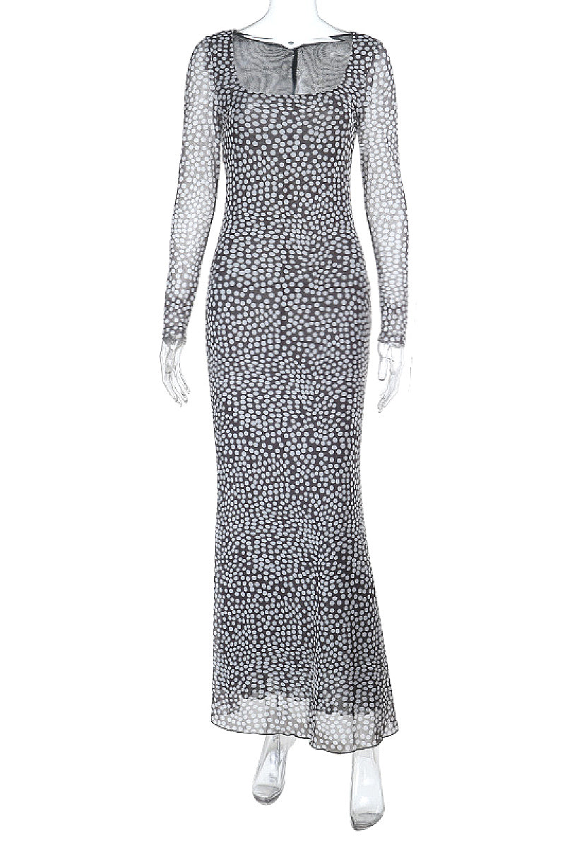 Elegant Polka Dot Dress with Square Neck